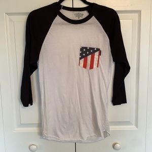 White/black 3/4 length sleeve with American flag detail pocket, S, never worn